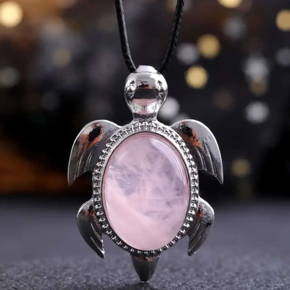 Rose Quartz Natural Gemstone Turtle Pendant Necklace Healing Gemstone Pendant
